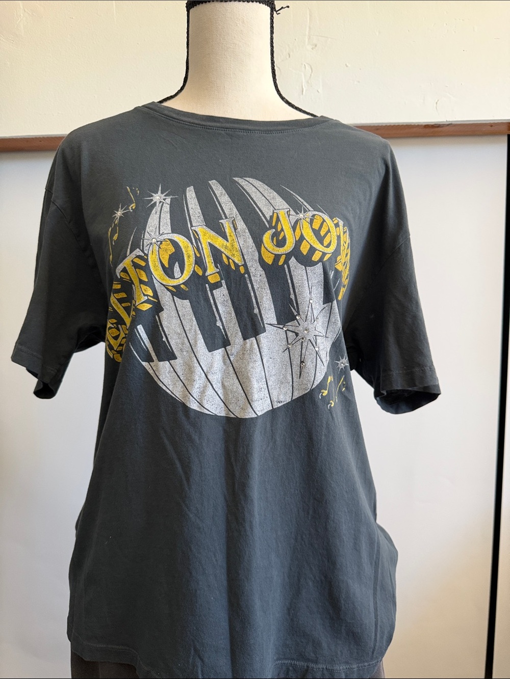 Daydreamer Grey Elton John Graphic Tee with Yellow and White Print